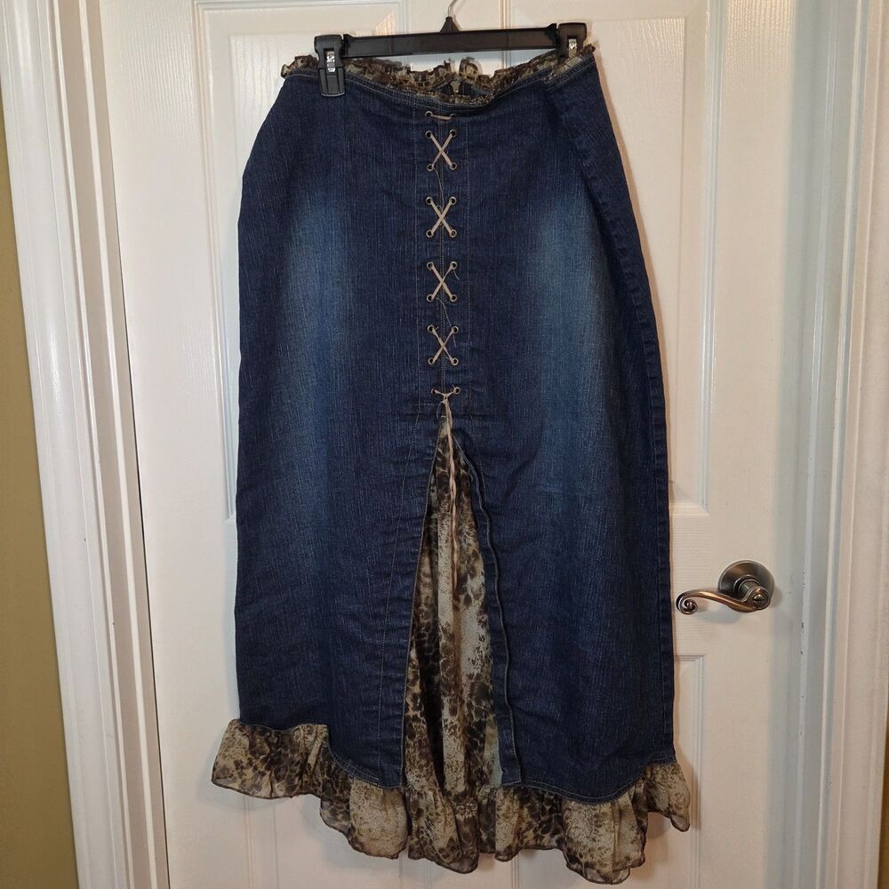 Vintage Animal Print Trim Lace-Up Long Dark Wash Denim Skirt Women's Size 16